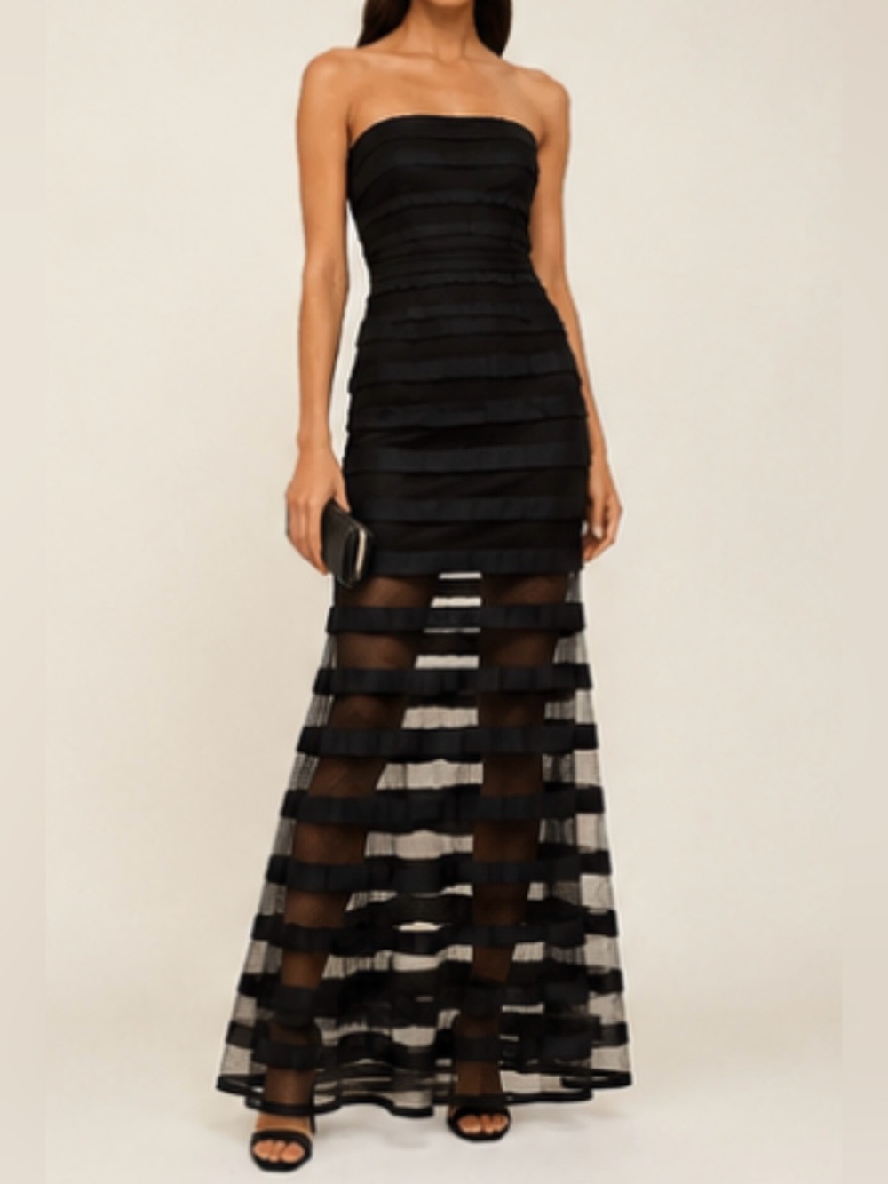 Alexis Black Strapless Sheer-Striped Maxi Dress